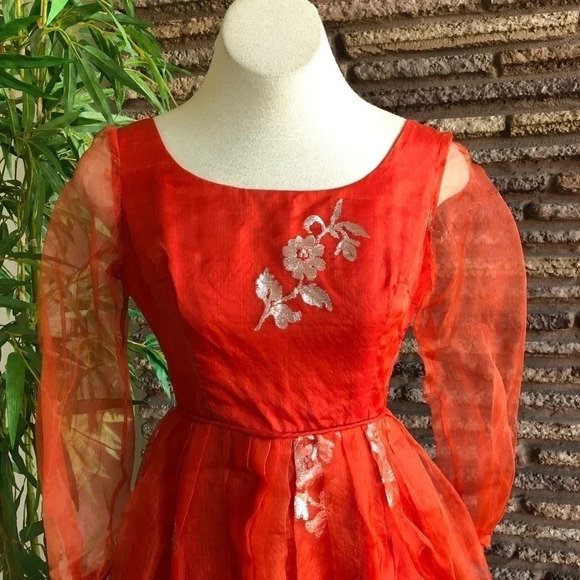 Vintage Handmade Ethnic Embroidered Sheer Chiffon Full Skirt Maxi Dress XXS - Picture 3 of 8